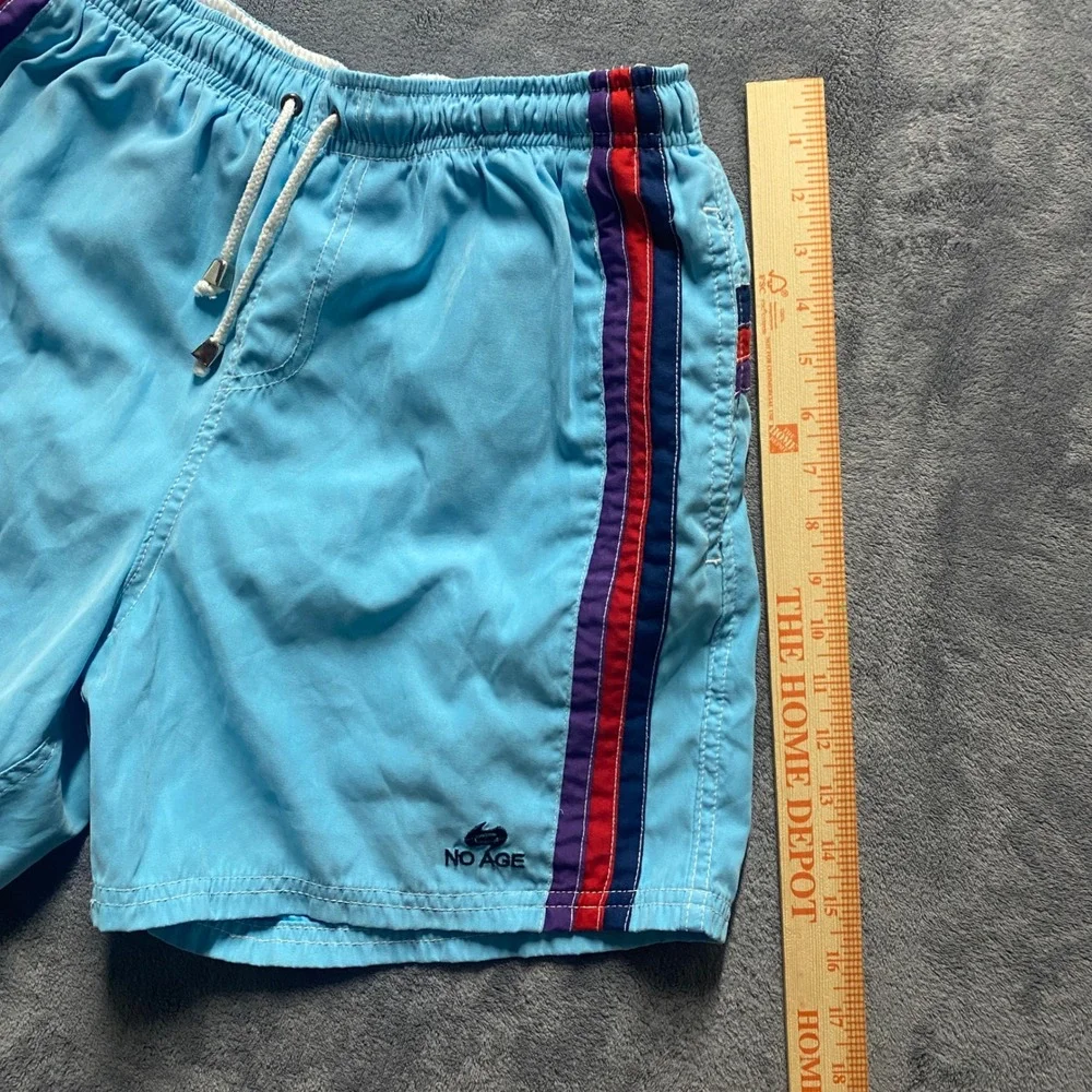 No Age Swim Trunks Mens XL Light Blue Striped Board Shorts Retro Mesh Lined
